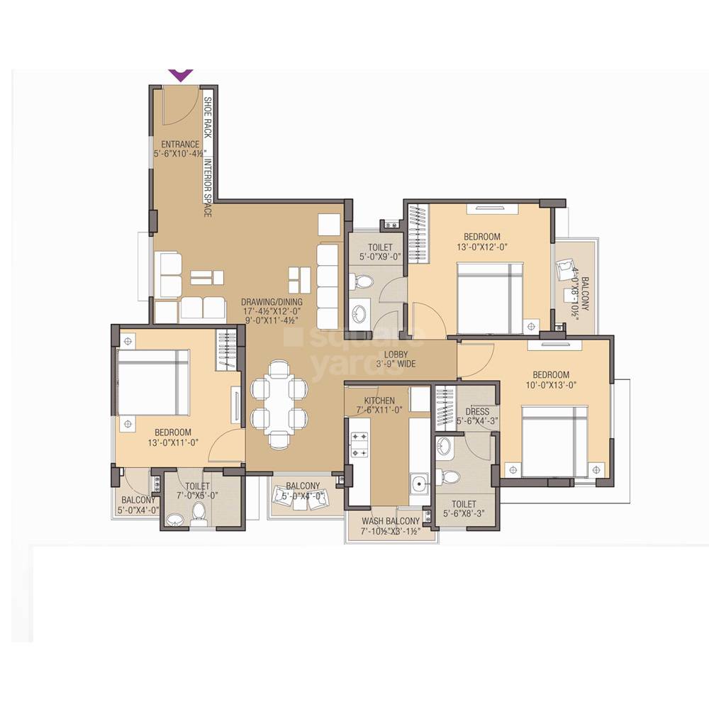Floor plan of 3 BHK Apartment - 1692 sq. ft. in Shree South Court, Jaipur