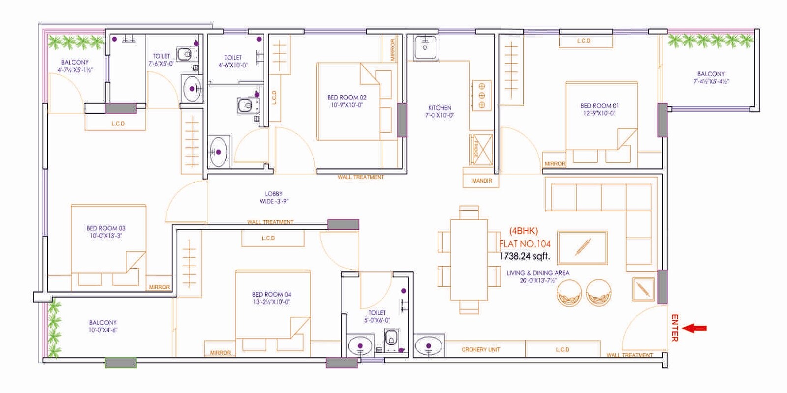 Floor plan of 4 BHK 1738 Sq. Ft. Apartment in Shree Urban Crown, Jaipur