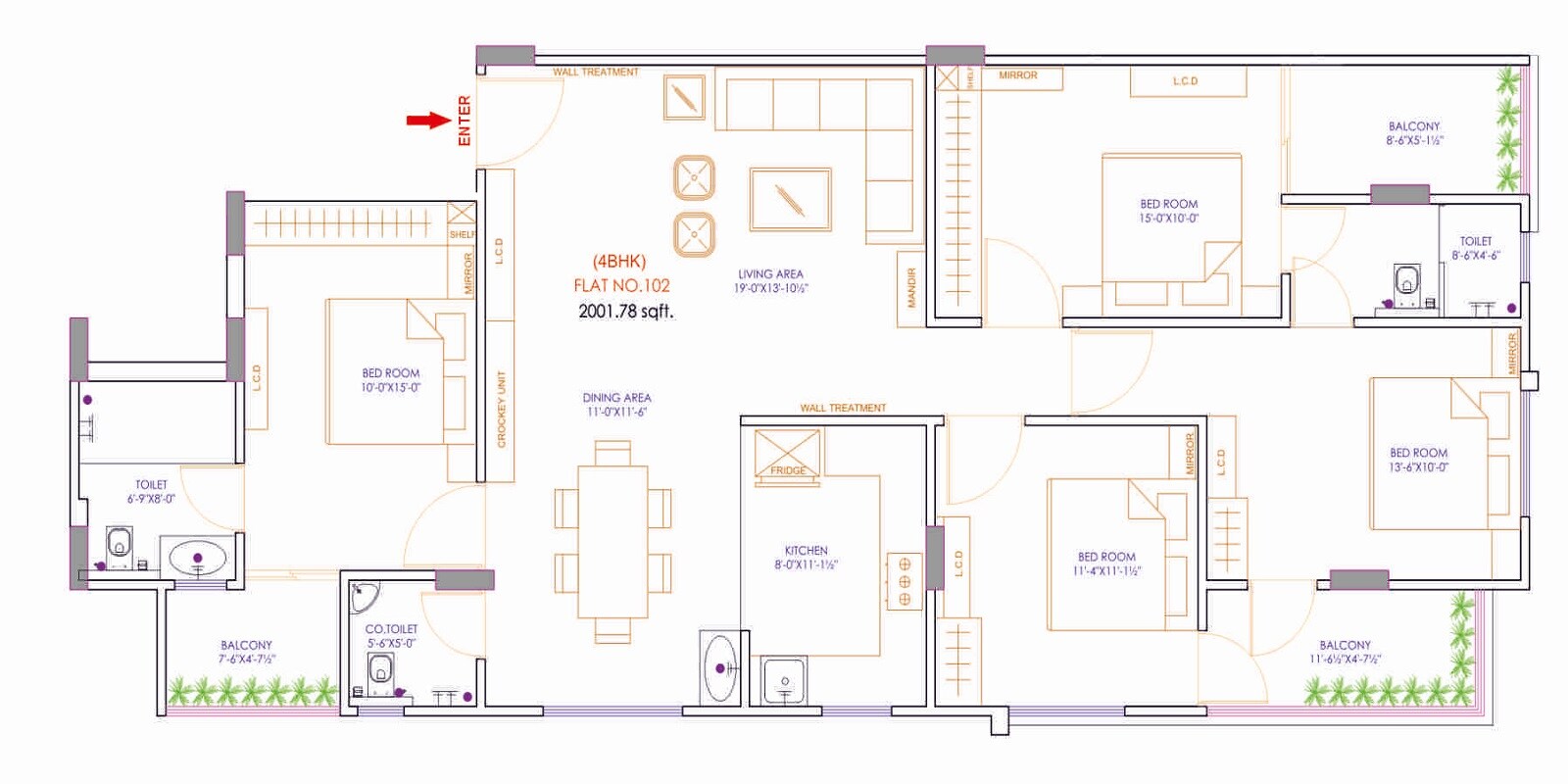 Floor plan of 4 BHK 2001 Sq. Ft. Apartment in Shree Urban Crown, Jaipur