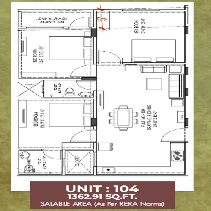 Floor plan of 3 BHK 1362 Sq. Ft. Apartment in Shree Vinayak Homes Golyavas, Jaipur
