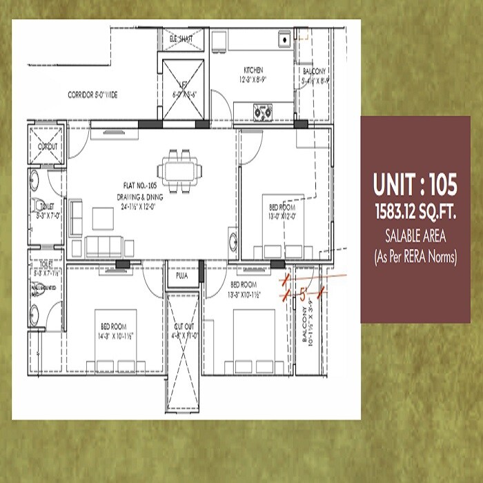 Floor plan of 3 BHK 1583 Sq. Ft. Apartment in Shree Vinayak Homes Golyavas, Jaipur
