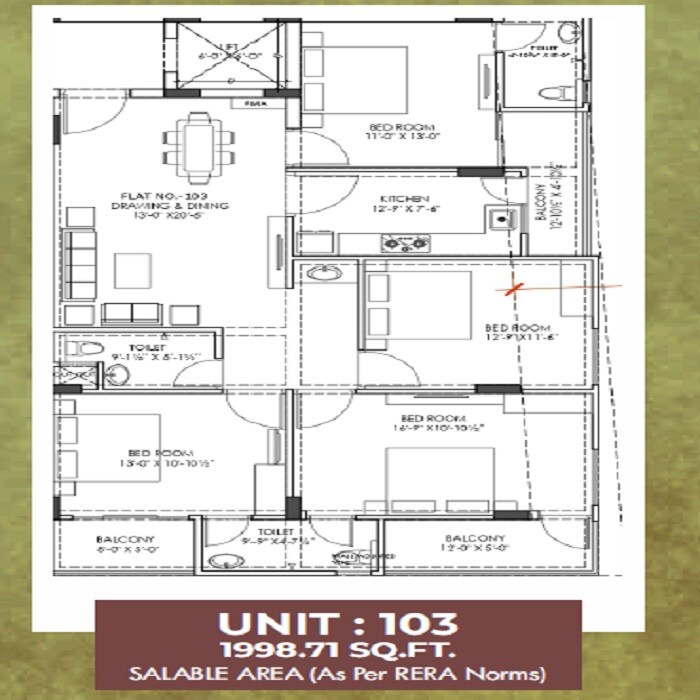 Floor plan of 4 BHK 1998 Sq. Ft. Apartment in Shree Vinayak Homes Golyavas, Jaipur