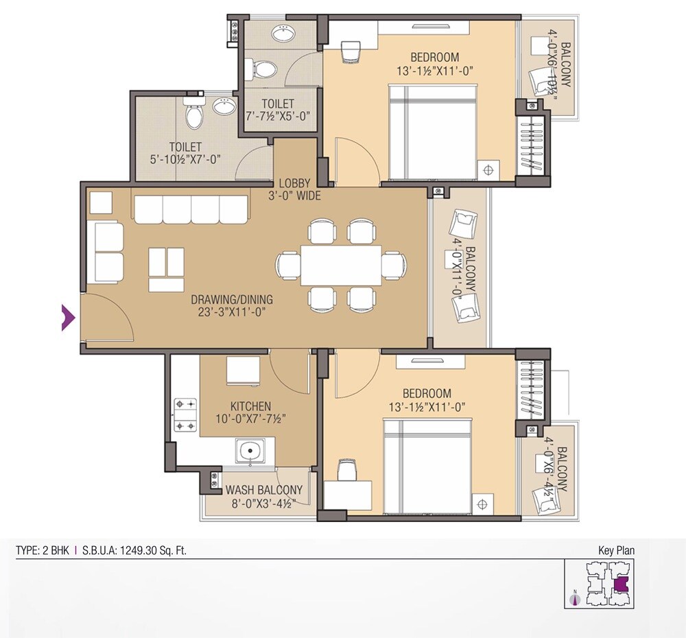 Floor plan of 2 BHK 1249 Sq. Ft. Apartment in Shreeram South Court, Jaipur