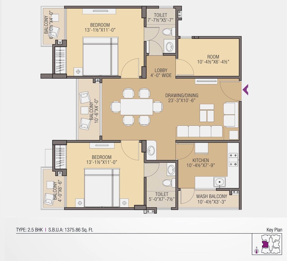 Floor plan of 3 BHK 1375 Sq. Ft. Apartment in Shreeram South Court, Jaipur