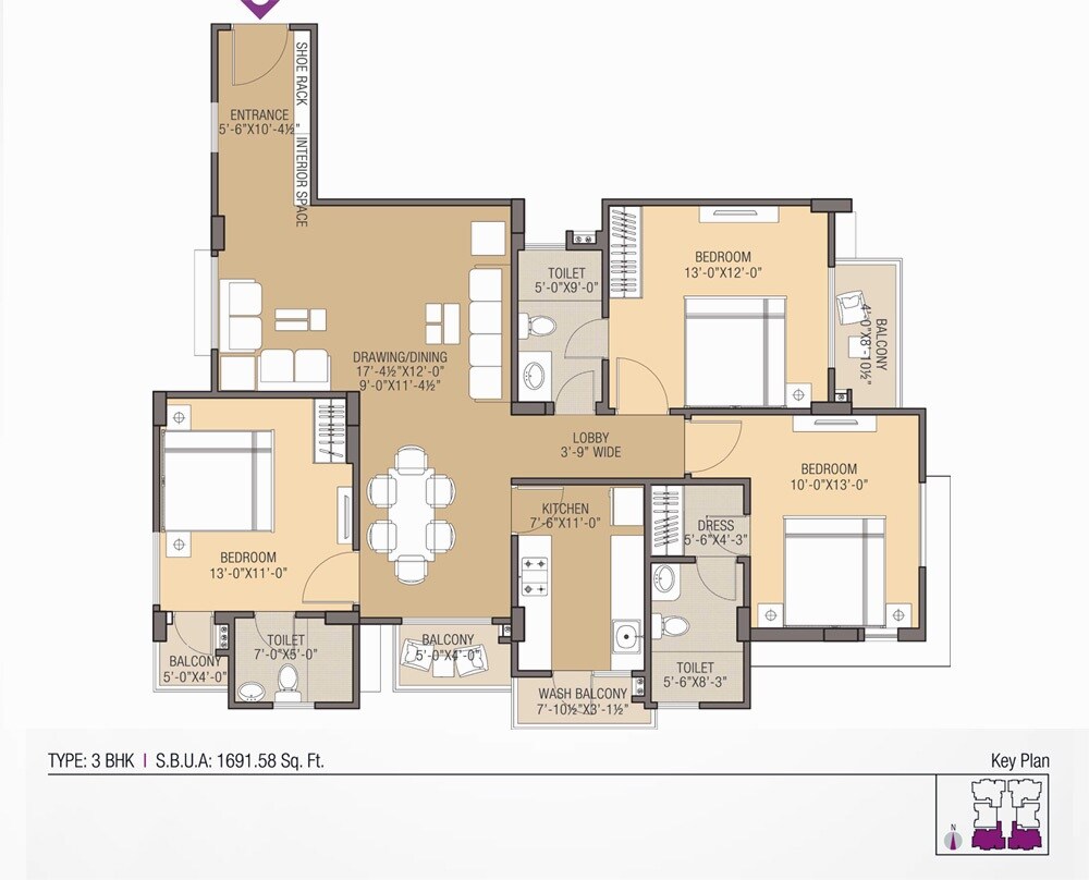 Floor plan of 3 BHK 1691 Sq. Ft. Apartment in Shreeram South Court, Jaipur