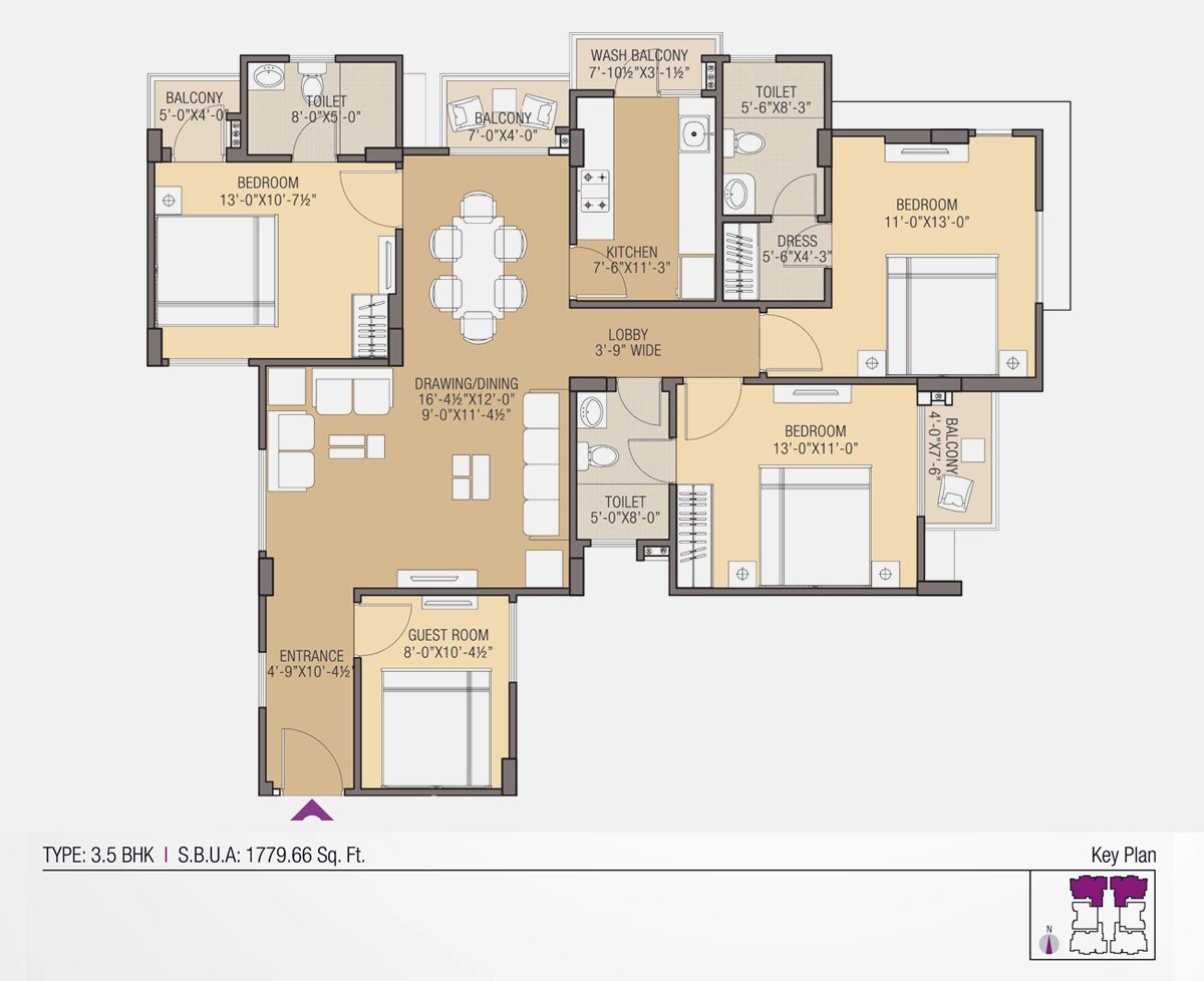 Floor plan of 3 BHK 1779 Sq. Ft. Apartment in Shreeram South Court, Jaipur