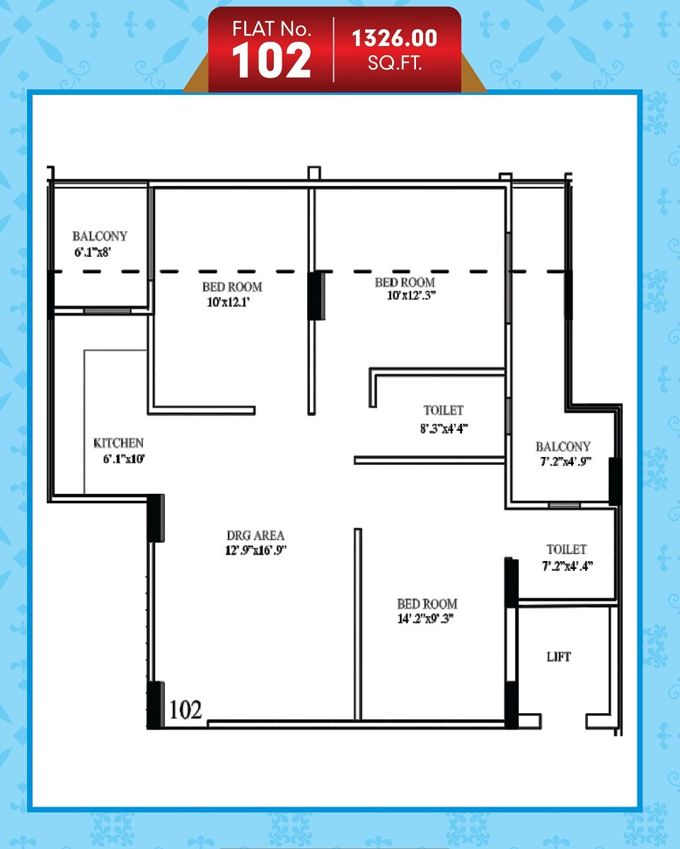 Floor plan of 3 BHK 1327 Sq. Ft. Apartment in Shri Anandam Heights 3, Jaipur