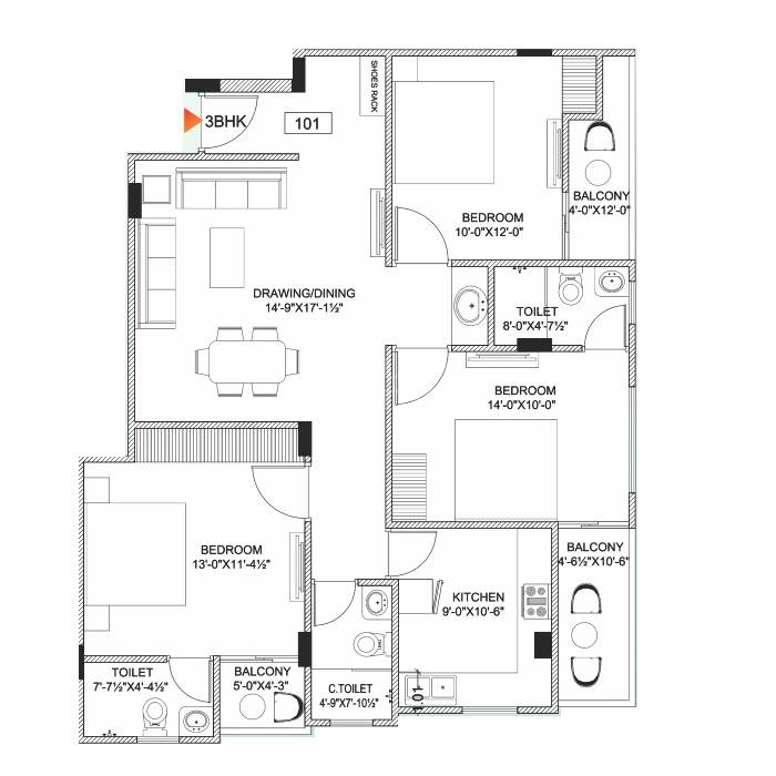 3 BHK 850 Sq. Ft. Apartment