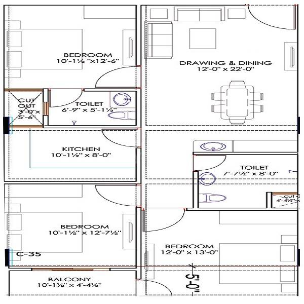 Floor plan of 3 BHK 1074 Sq. Ft. Apartment in Shri Royal Town, Jaipur