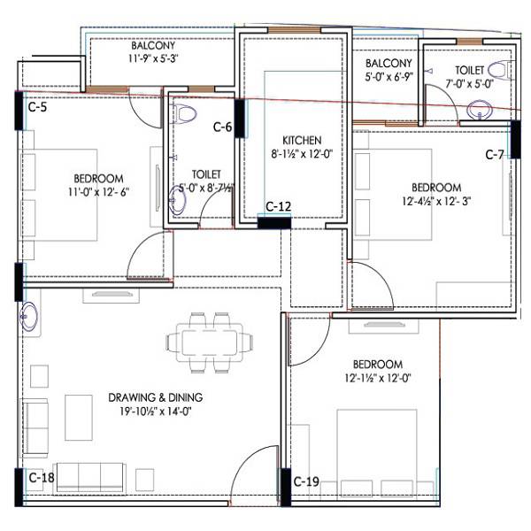 Floor plan of 3 BHK 850 Sq. Ft. Apartment in Shri Royal Town, Jaipur