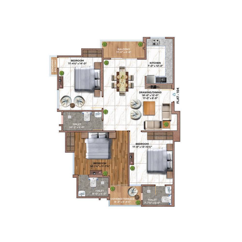 Floor plan of 3 BHK 1022 Sq. Ft. Apartment in Shrinath Kriyansh Hights, Jaipur