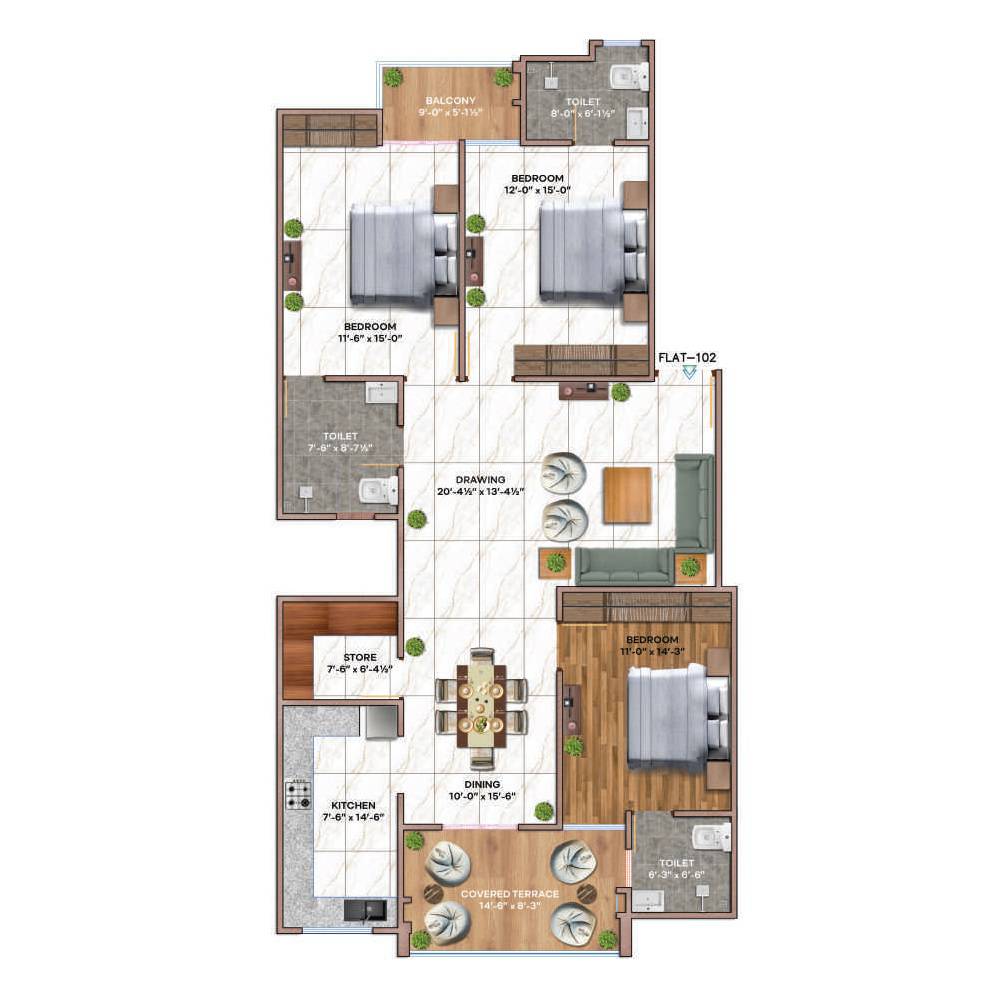 Floor plan of 3 BHK 1272 Sq. Ft. Apartment in Shrinath Kriyansh Hights, Jaipur