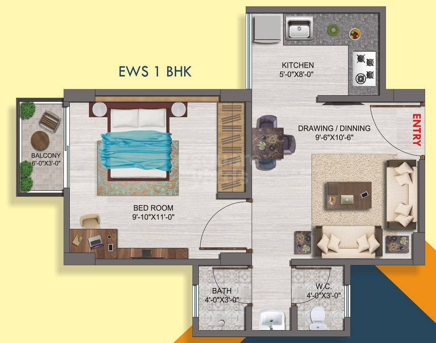 Floor plan of 1 BHK 461 Sq. Ft. Apartment in Shrine Homes Ajmer Road, Jaipur
