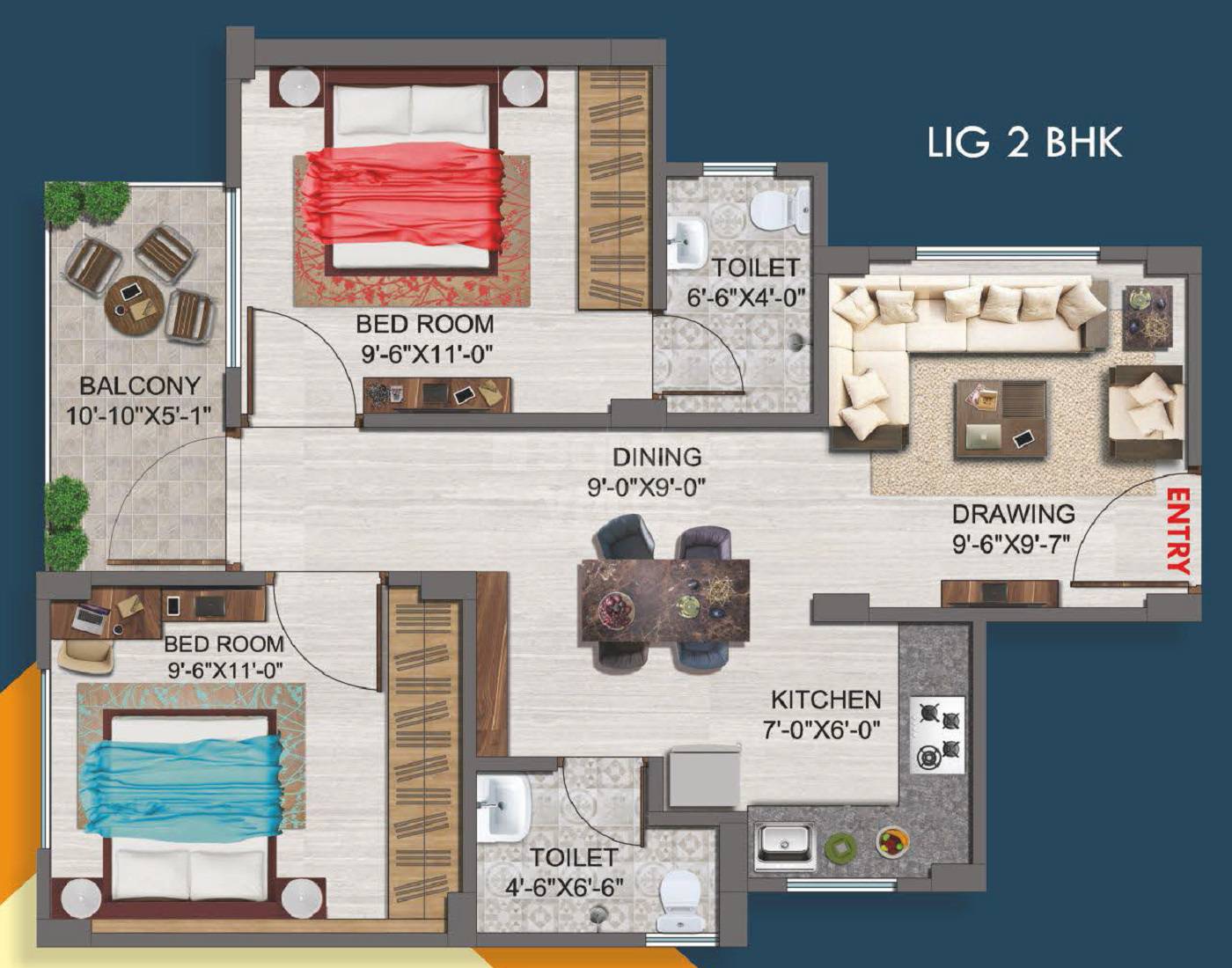 Floor plan of 2 BHK 688 Sq. Ft. Apartment in Shrine Homes Ajmer Road, Jaipur