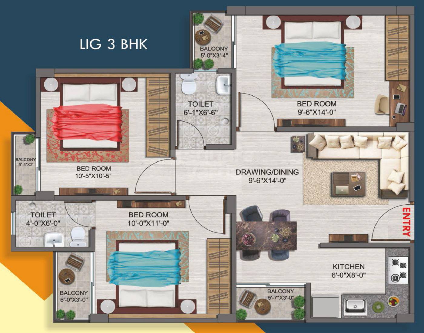 Floor plan of 3 BHK 850 Sq. Ft. Apartment in Shrine Homes Ajmer Road, Jaipur