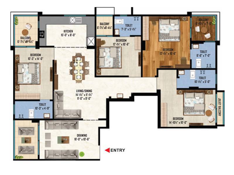 Floor plan of 4 BHK 1488 Sq. Ft. Apartment in Shubh Mangal Prime, Jaipur