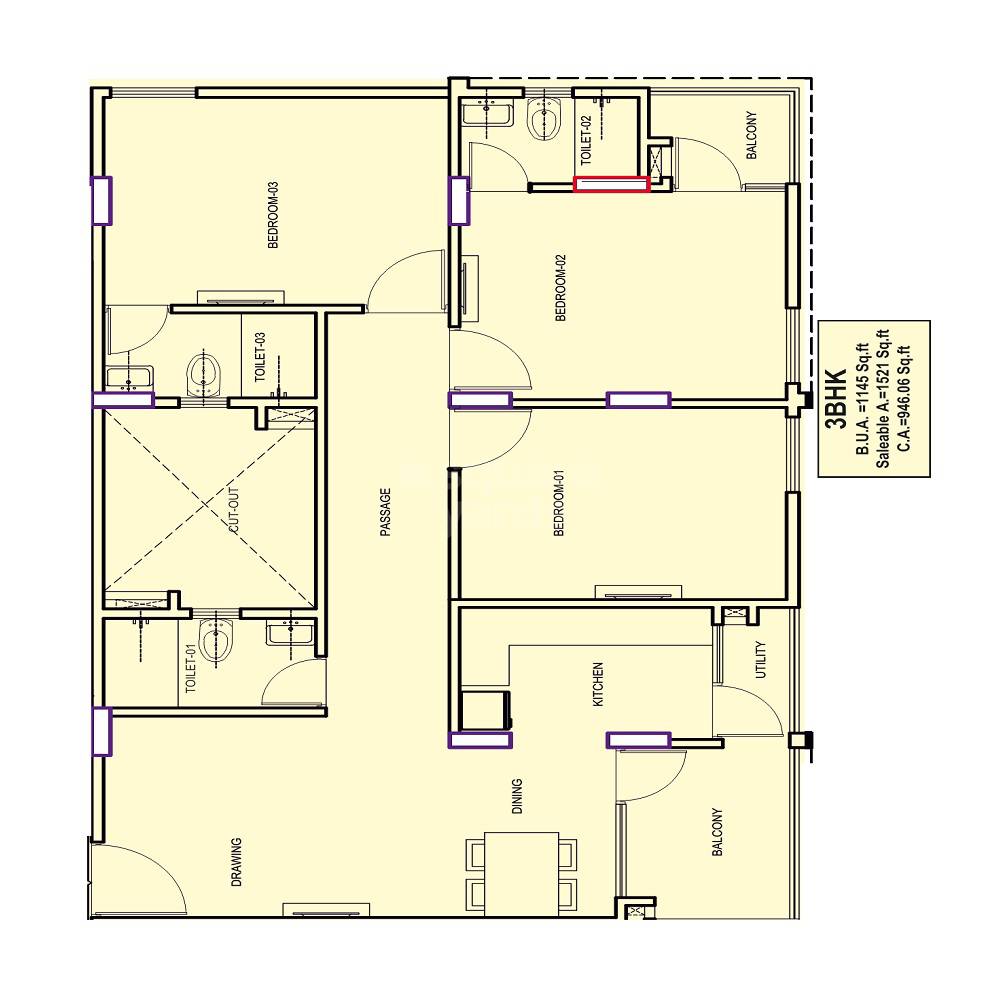 Floor plan of 3 BHK 1521 Sq. Ft. Apartment in Shubham Shubh Nikunj, Jaipur