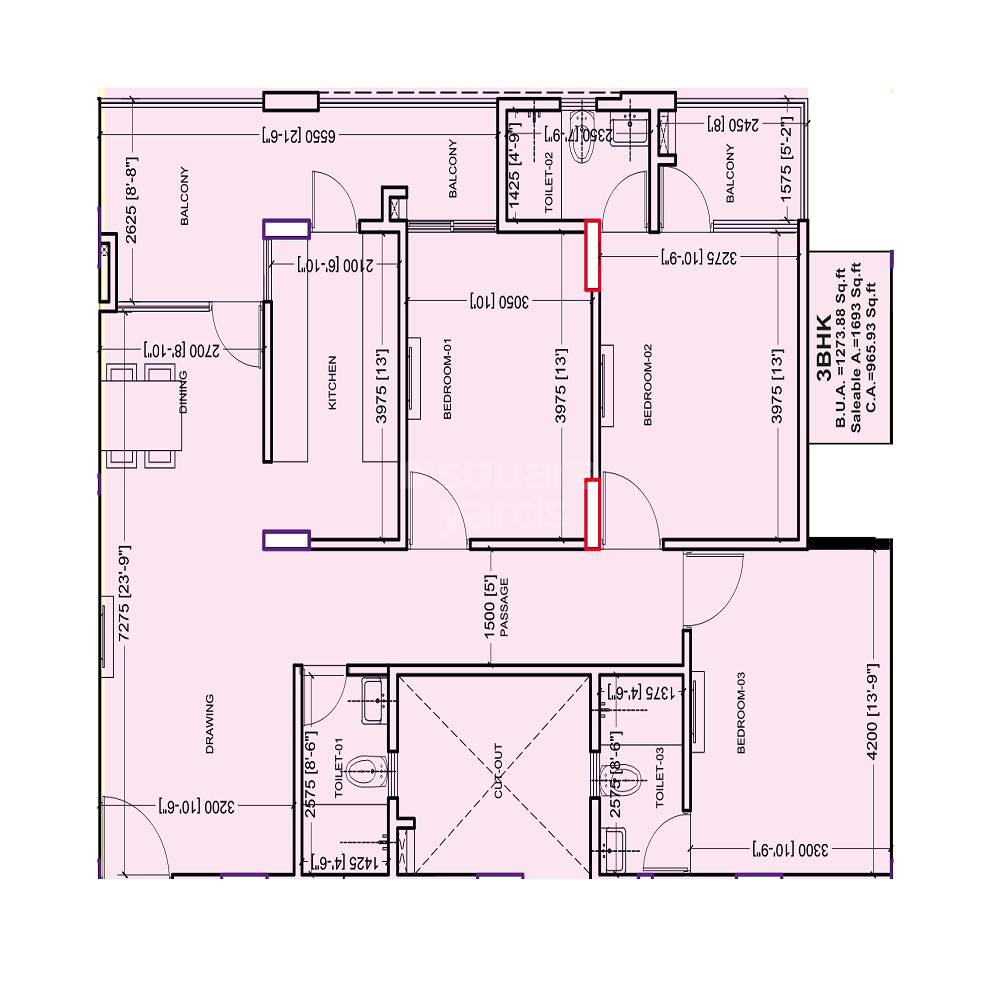 Floor plan of 3 BHK 1693 Sq. Ft. Apartment in Shubham Shubh Nikunj, Jaipur