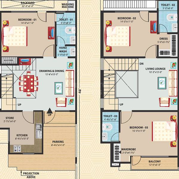 Floor plan of 3 BHK 2000 Sq. Ft. Villa in Shubham Shubh Villa, Jaipur