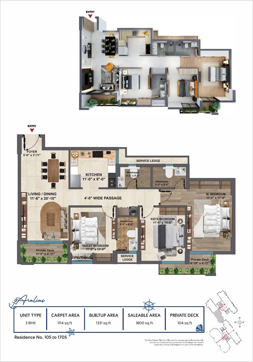 Floor plan of 3 BHK 1800 Sq. Ft. Apartment in Shubhashish Marina, Jaipur