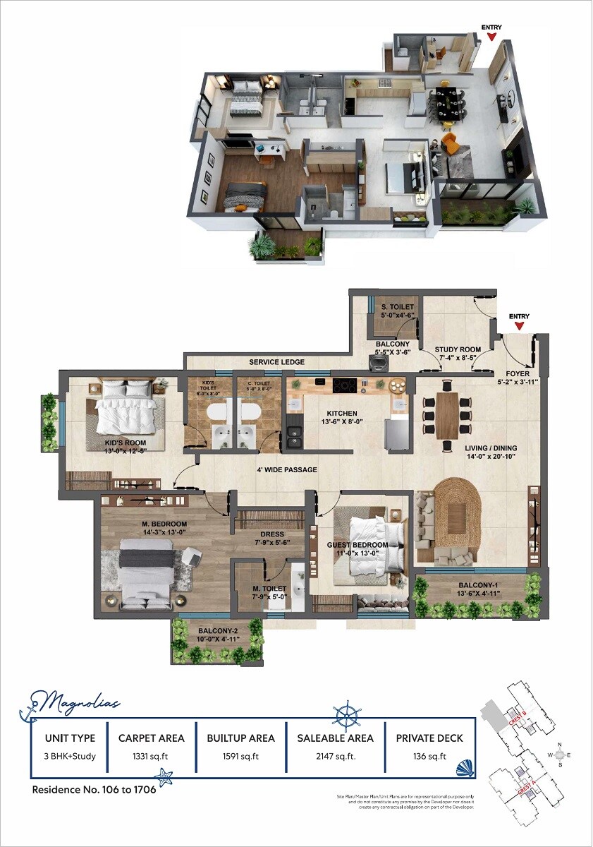 Floor plan of 3 BHK 2147 Sq. Ft. Apartment in Shubhashish Marina, Jaipur