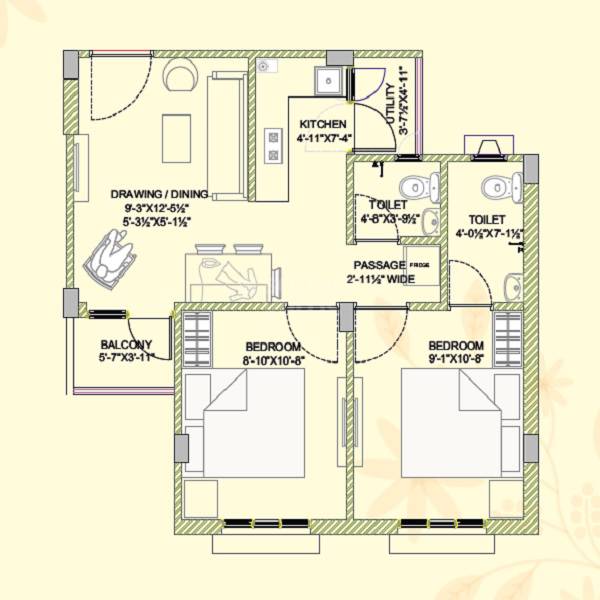 Floor plan of 2 BHK 443 Sq. Ft. Apartment in Shubhashish Ram Awas, Jaipur