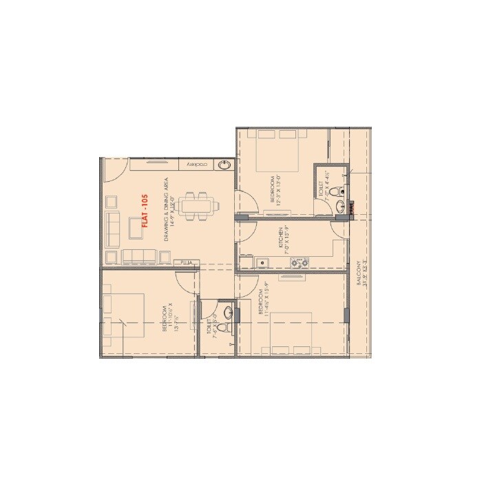 Floor plan of 3 BHK 1014 Sq. Ft. Apartment in Shyam Heights Sumer Nagar, Jaipur