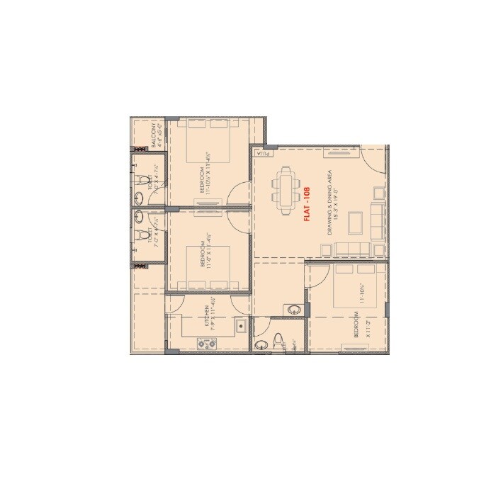Floor plan of 3 BHK 911 Sq. Ft. Apartment in Shyam Heights Sumer Nagar, Jaipur