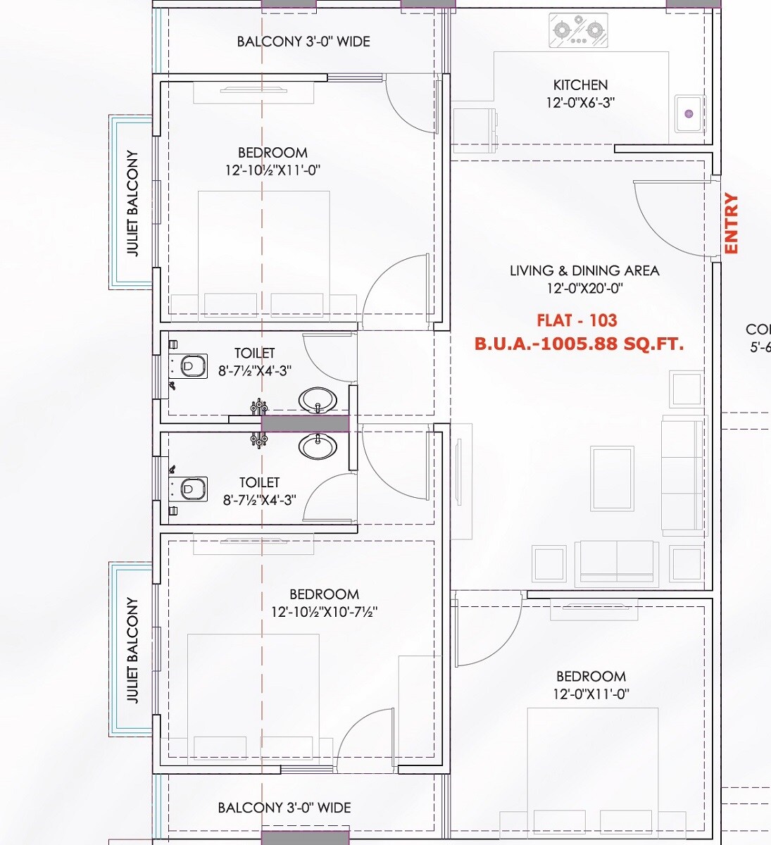 Floor plan of 3 BHK 1408 Sq. Ft. Apartment in Shyam The Royal Crown, Jaipur
