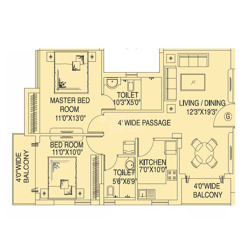 Floor plan of 2 BHK 580 Sq. Ft. Apartment in Siddha Aangan, Jaipur