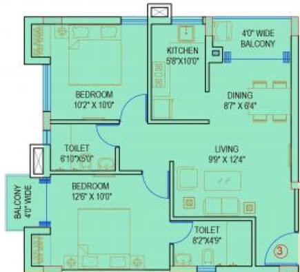 Floor plan of 2 BHK 620 Sq. Ft. Apartment in Siddha Aangan, Jaipur