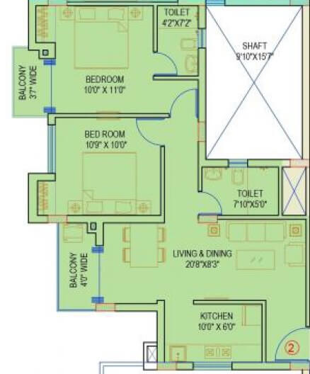 Floor plan of 2 BHK 633 Sq. Ft. Apartment in Siddha Aangan, Jaipur