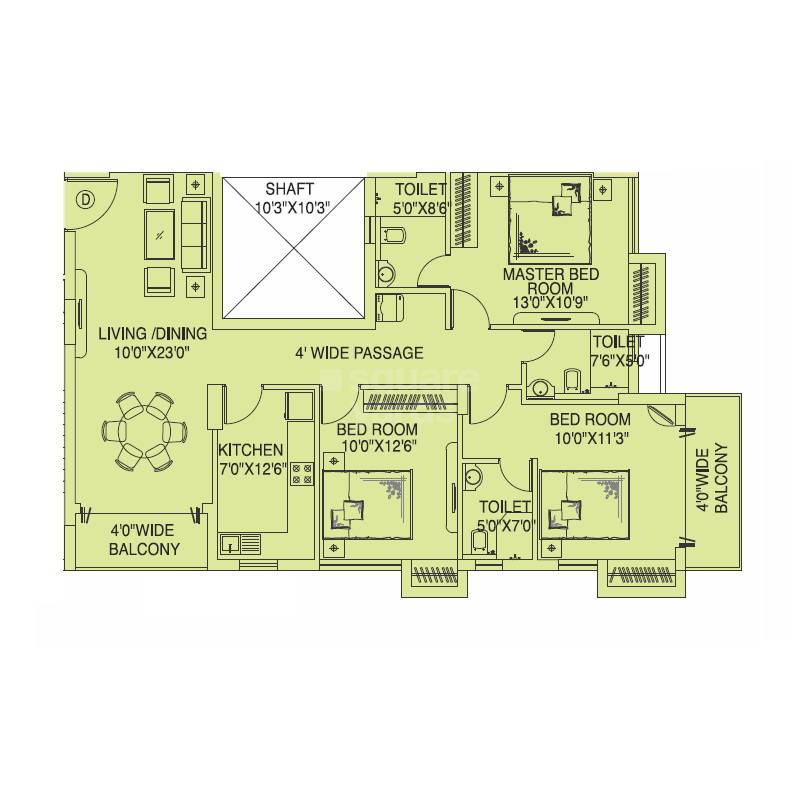Floor plan of 3 BHK 1008 Sq. Ft. Apartment in Siddha Aangan, Jaipur