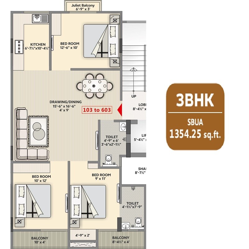 Floor plan of 3 BHK 1354 Sq. Ft. Apartment in Siddhi Lotus 2, Jaipur