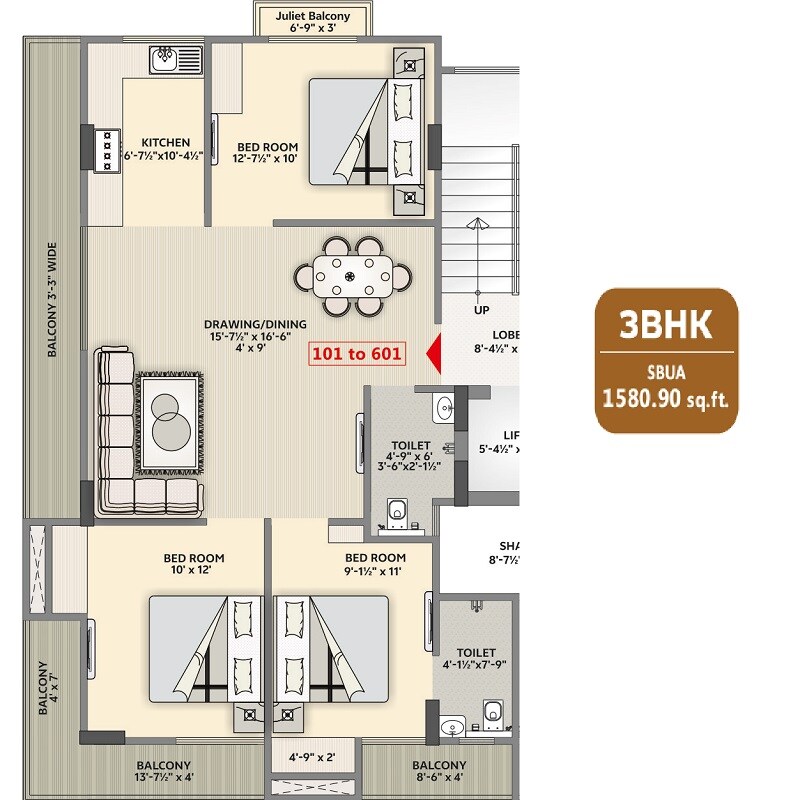 Floor plan of 3 BHK 1581 Sq. Ft. Apartment in Siddhi Lotus 2, Jaipur