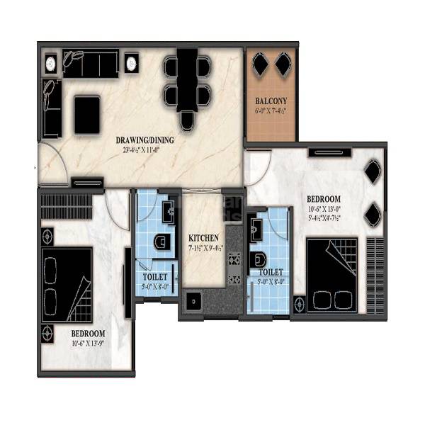 Floor plan of 2 BHK 1095 Sq. Ft. Apartment in Siddhi The Aristo, Jaipur