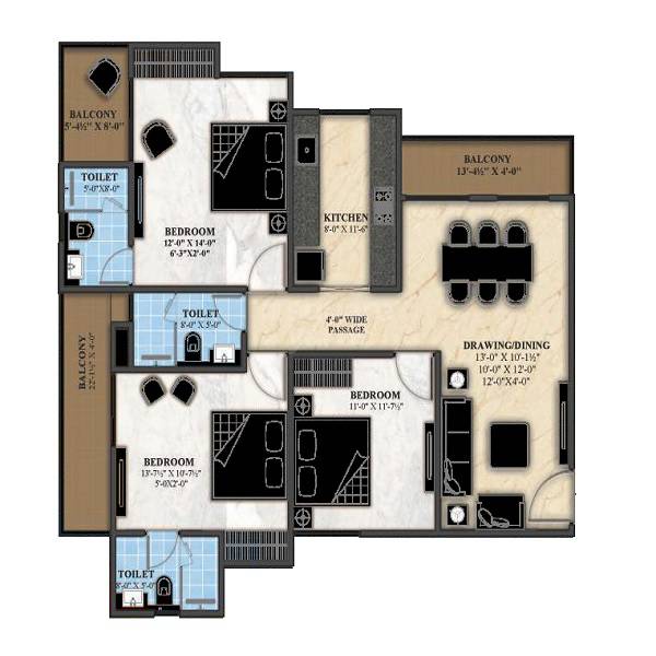 Floor plan of 3 BHK 1656 Sq. Ft. Apartment in Siddhi The Aristo, Jaipur