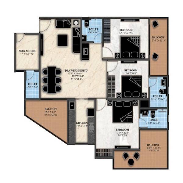 Floor plan of 3 BHK 2002 Sq. Ft. Apartment in Siddhi The Aristo, Jaipur