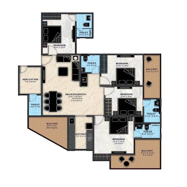 Floor plan of 4 BHK 2281 Sq. Ft. Apartment in Siddhi The Aristo, Jaipur