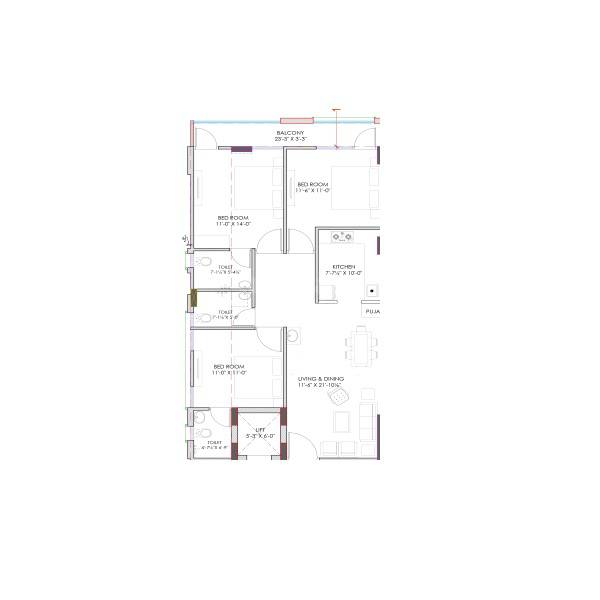 Floor plan of 3 BHK 887 Sq. Ft. Apartment in Siddhi Vinayak Homes Mansarovar, Jaipur