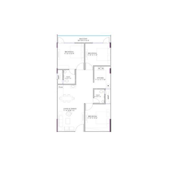 Floor plan of 3 BHK 937 Sq. Ft. Apartment in Siddhi Vinayak Homes Mansarovar, Jaipur