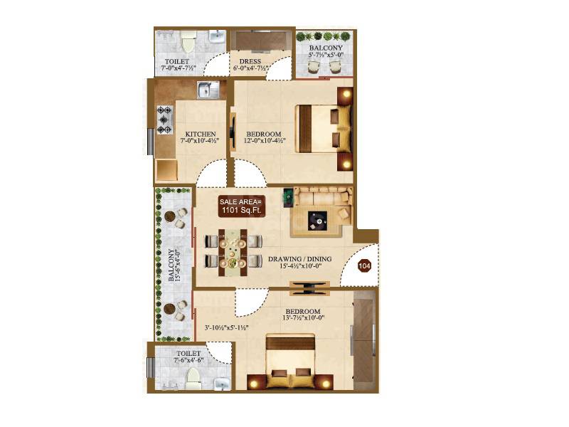 Floor plan of 2 BHK 1101 Sq. Ft. Apartment in Singhal Sky Nation, Jaipur