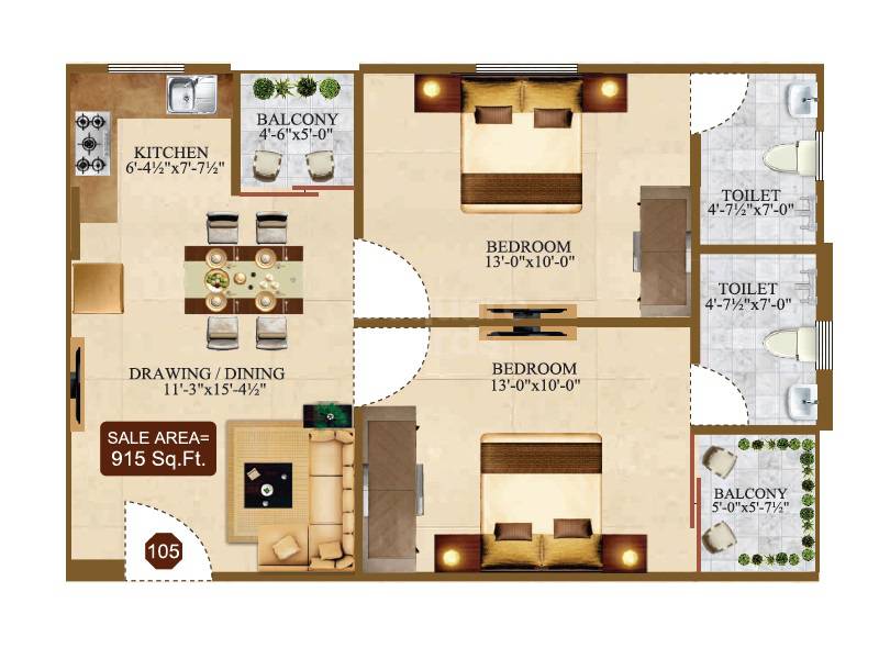 Floor plan of 2 BHK 915 Sq. Ft. Apartment in Singhal Sky Nation, Jaipur