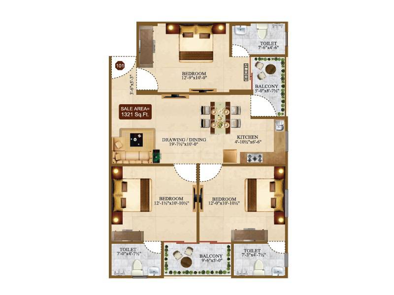 Floor plan of 3 BHK 1321 Sq. Ft. Apartment in Singhal Sky Nation, Jaipur