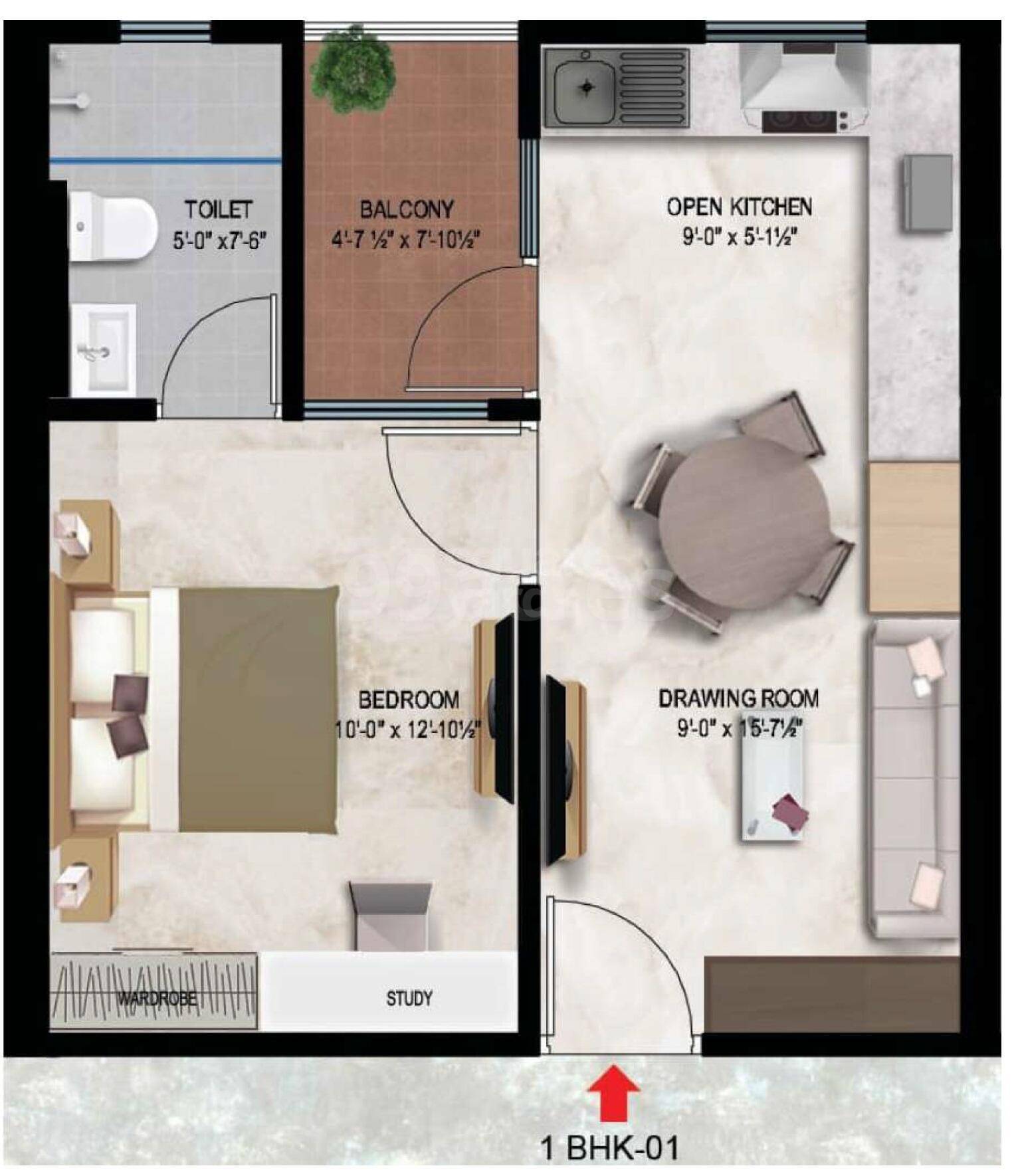 Floor plan of 1 BHK 360 Sq. Ft. Apartment in Skyline Fresco, Jaipur