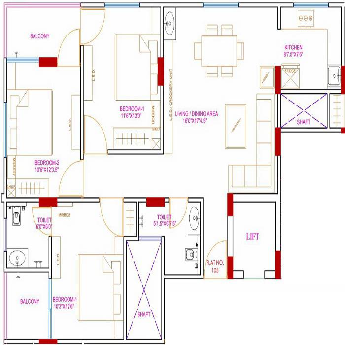 Floor plan of 3 BHK 817 Sq. Ft. Apartment in SN Hare Krishna Heights, Jaipur