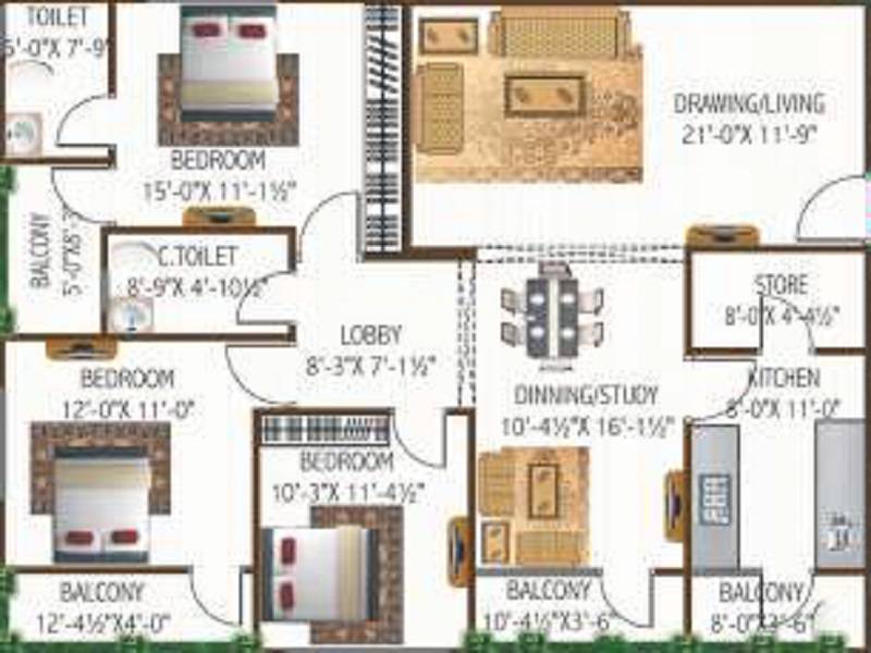 Floor plan of 3 BHK 1177 Sq. Ft. Apartment in SNG Krishnangan, Jaipur