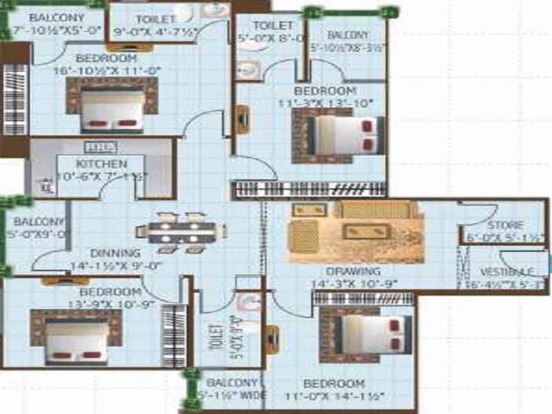 Floor plan of 4 BHK 1587 Sq. Ft. Apartment in SNG Krishnangan, Jaipur