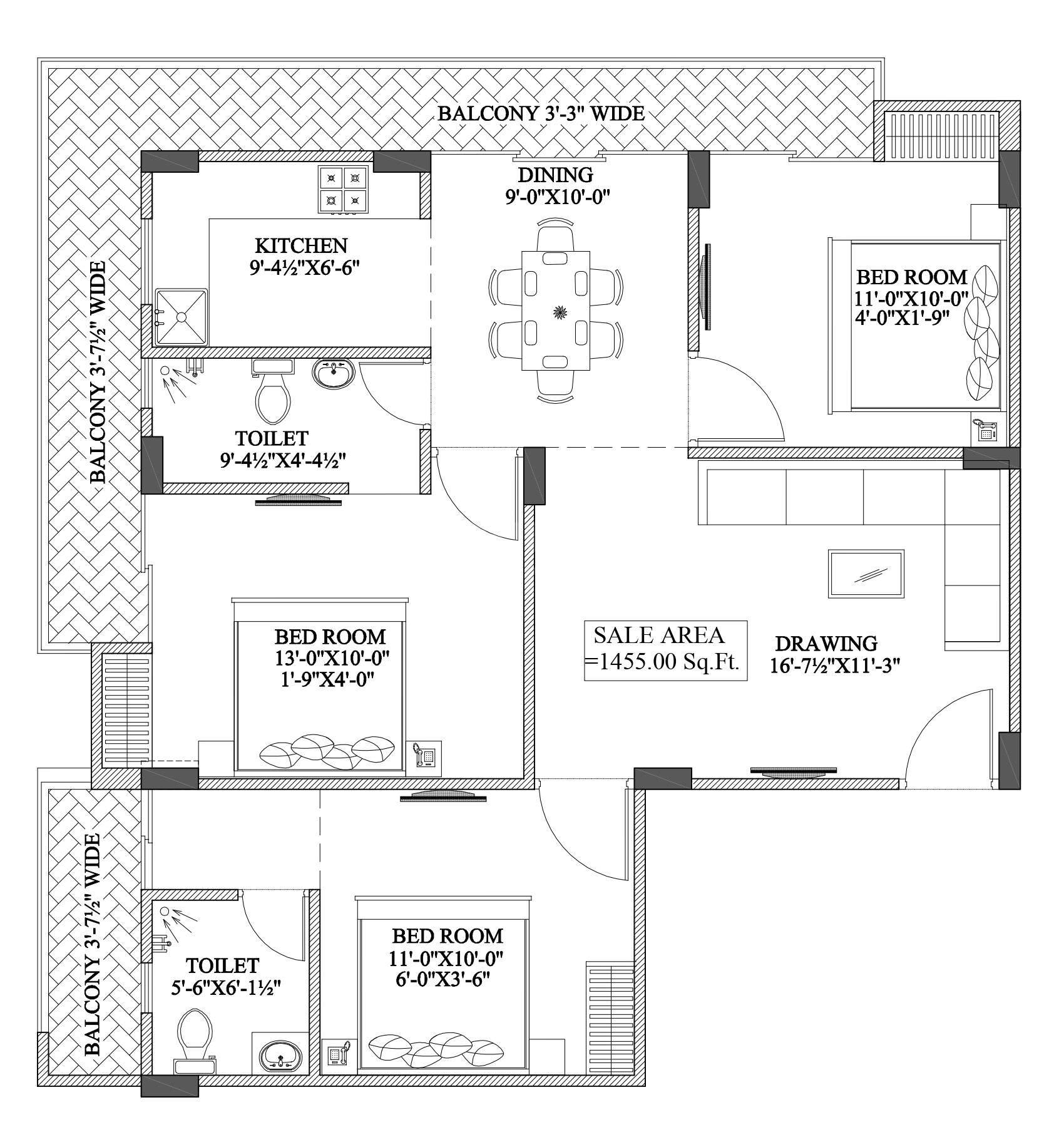 3 BHK 1455 Sq. Ft. Apartment