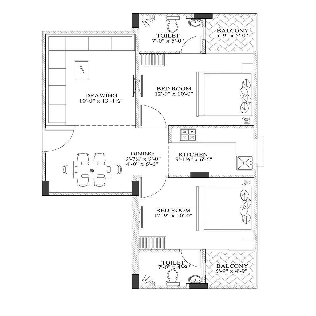 Floor plan of 2 BHK 1110 Sq. Ft. Apartment in Somya Sky Crest, Jaipur
